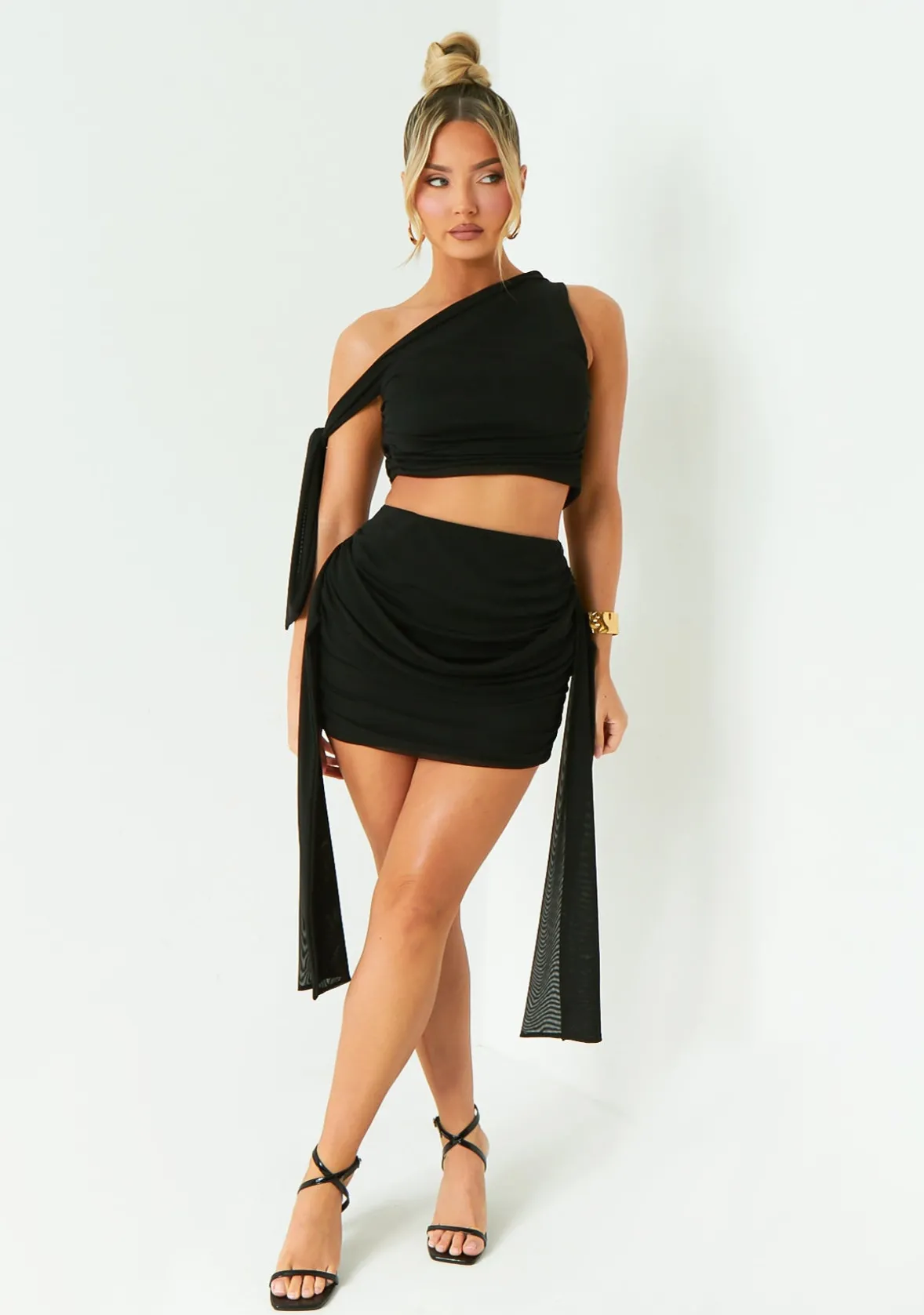 Diana Black One Shoulder Tie Detail Mesh Crop Top