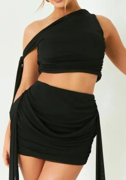 Diana Black One Shoulder Tie Detail Mesh Crop Top