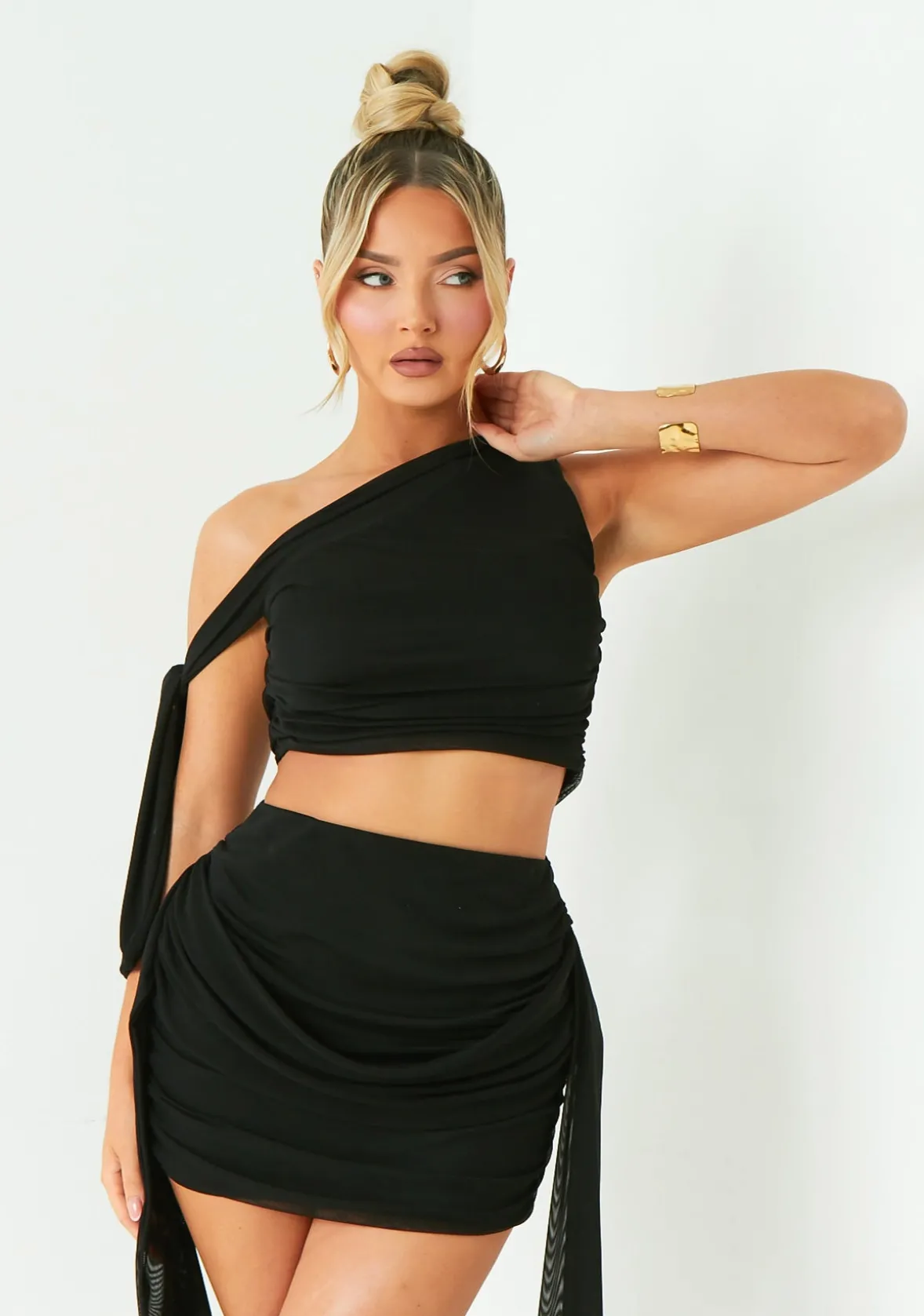 Diana Black One Shoulder Tie Detail Mesh Crop Top