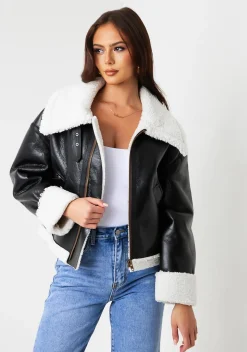 Dixie Black Faux Leather Aviator Jacket With Faux Fur Trim