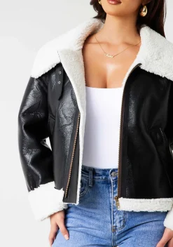 Dixie Black Faux Leather Aviator Jacket With Faux Fur Trim