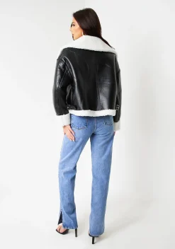Dixie Black Faux Leather Aviator Jacket With Faux Fur Trim