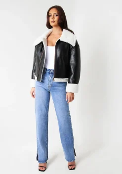 Dixie Black Faux Leather Aviator Jacket With Faux Fur Trim