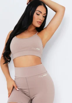 Eleanor Mocha Missy Sport Strappy Crop Gym Top