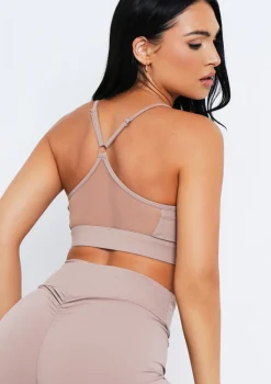 Eleanor Mocha Missy Sport Strappy Crop Gym Top