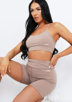 Eleanor Mocha Missy Sport Strappy Crop Gym Top