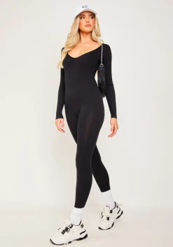 Eli Black Plunge Ribbed Seamless Long Sleeve Jumpsuit