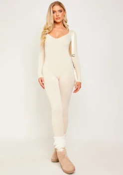 Eli Cream Plunge Ribbed Seamless Long Sleeve Jumpsuit
