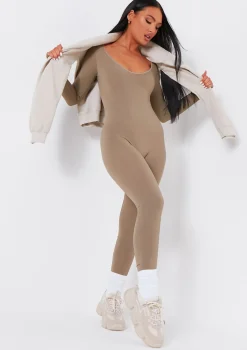 Eli Olive Plunge Ribbed Seamless Long Sleeve Jumpsuit