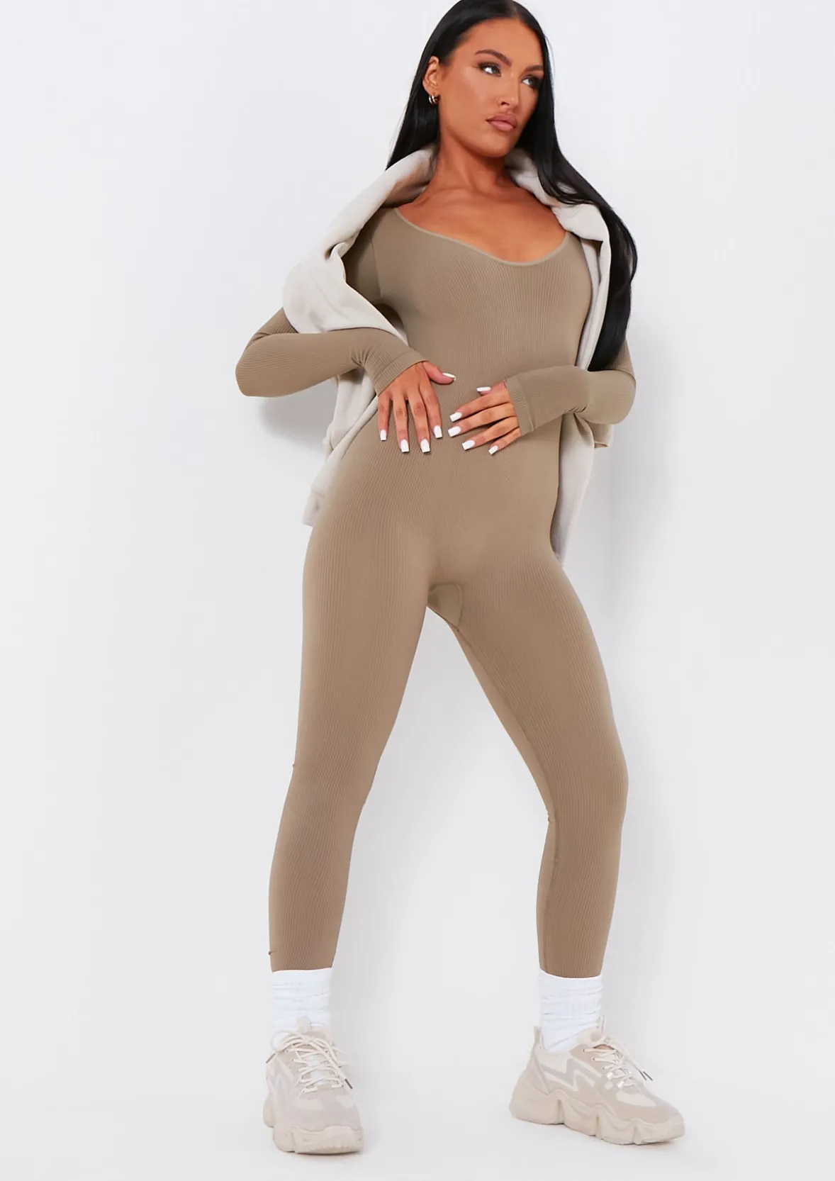 Eli Olive Plunge Ribbed Seamless Long Sleeve Jumpsuit