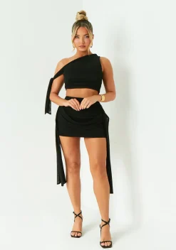 Elise Black Drape Detail Mesh Mini Skirt