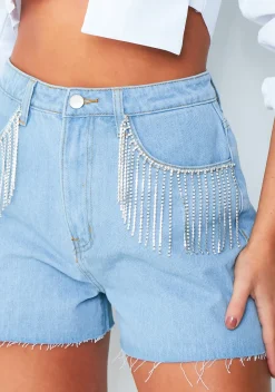 Elise Light Blue Diamante Tassel Pocket Shorts