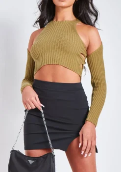 Elissa Khaki Ribbed Knit Crop Cut Out Top With Bolero