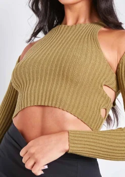 Elissa Khaki Ribbed Knit Crop Cut Out Top With Bolero