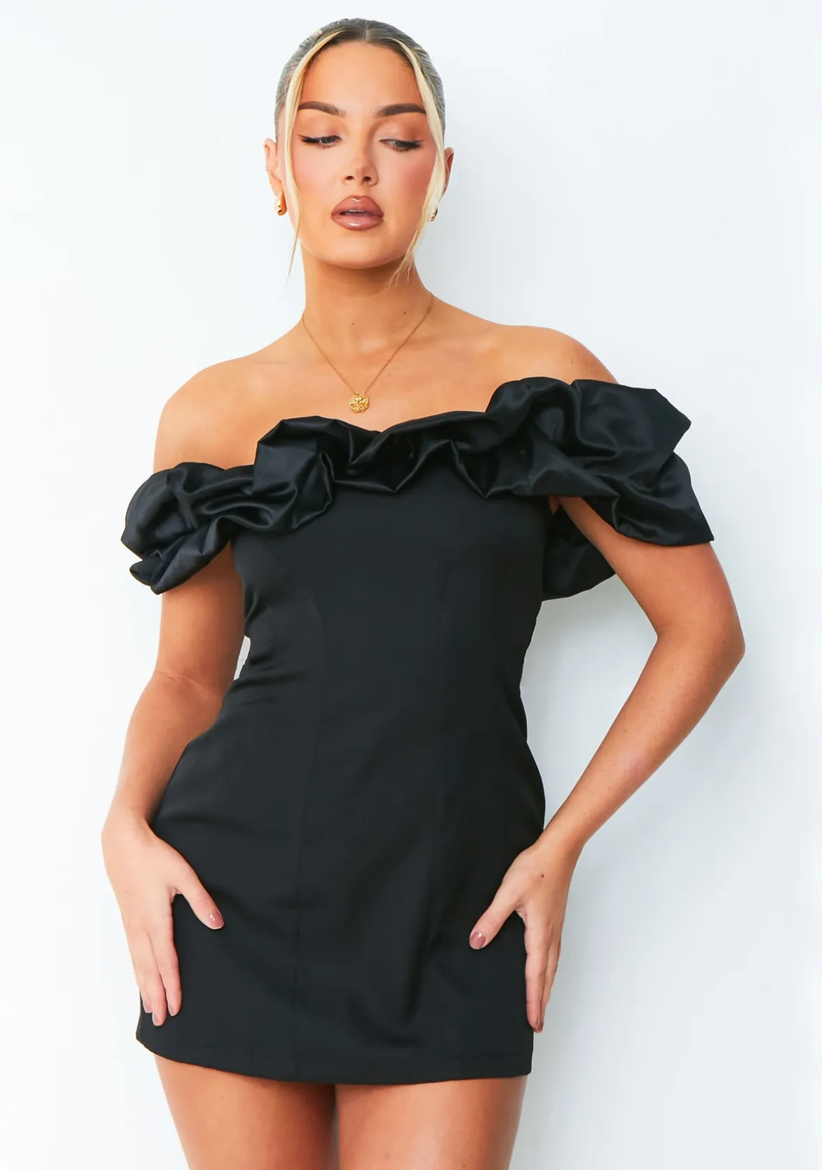 Ella Black Bardot Off Shoulder Frill Mini Dress