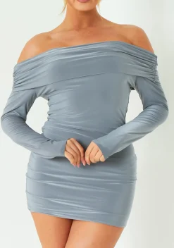 Elle Charcoal Fold Down Long Sleeve Bardot Dress
