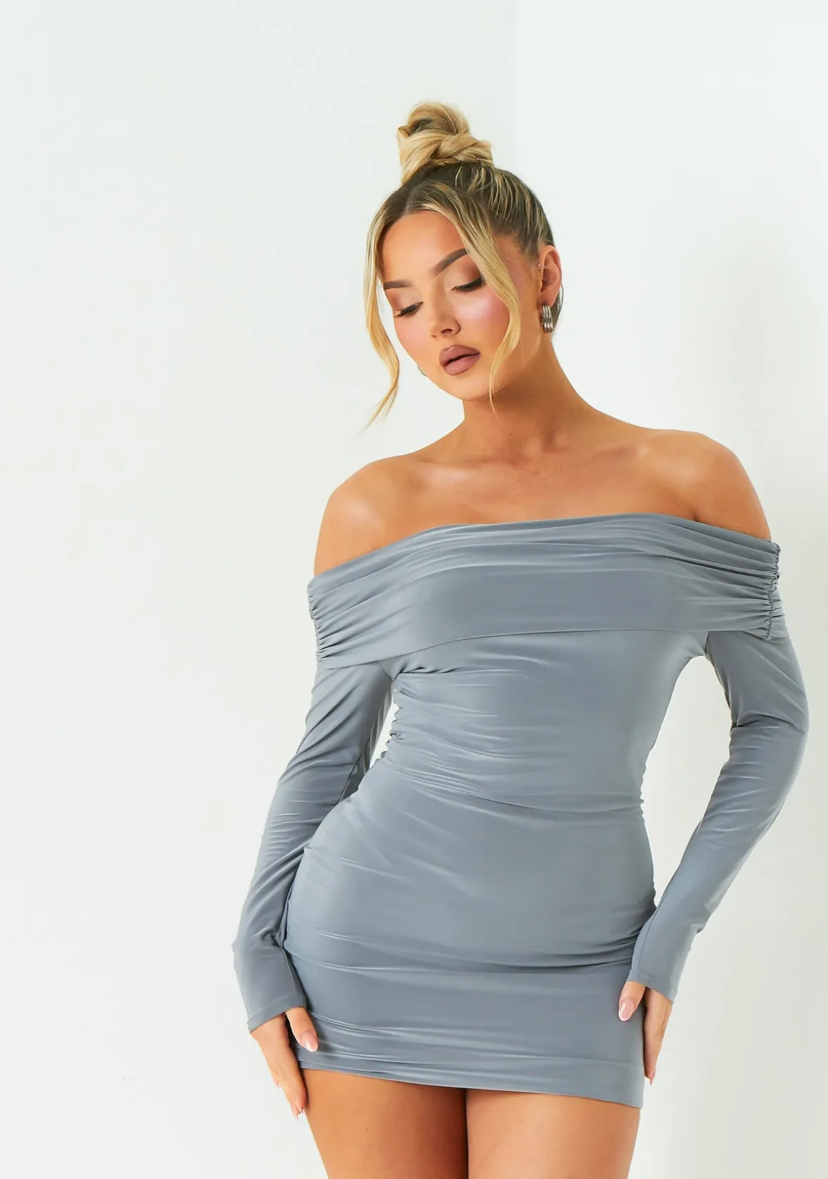 Elle Charcoal Fold Down Long Sleeve Bardot Dress