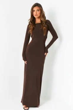 Ellen Chocolate Cut Out Back Slinky Maxi Dress