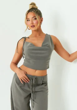 Ellen Grey Asymmetric Cowl Neck Top