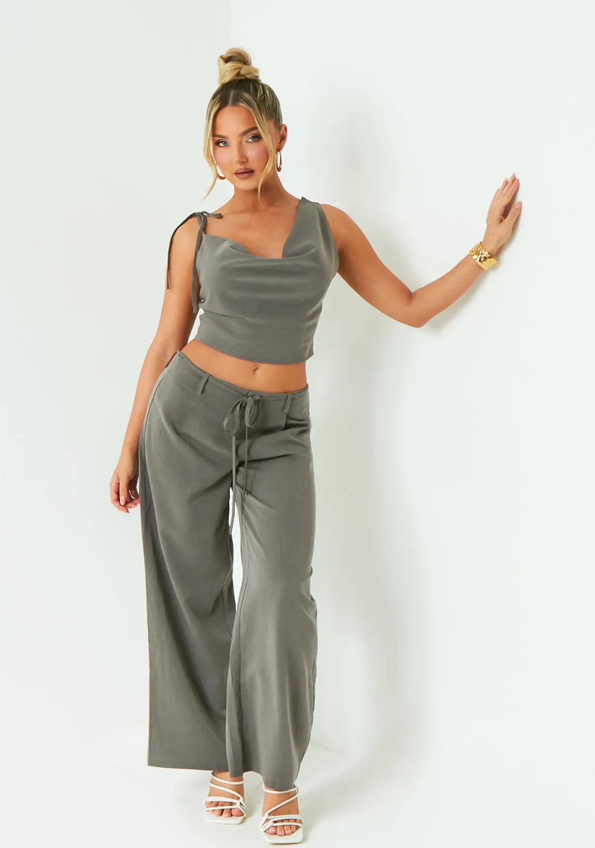 Ellen Grey Asymmetric Cowl Neck Top
