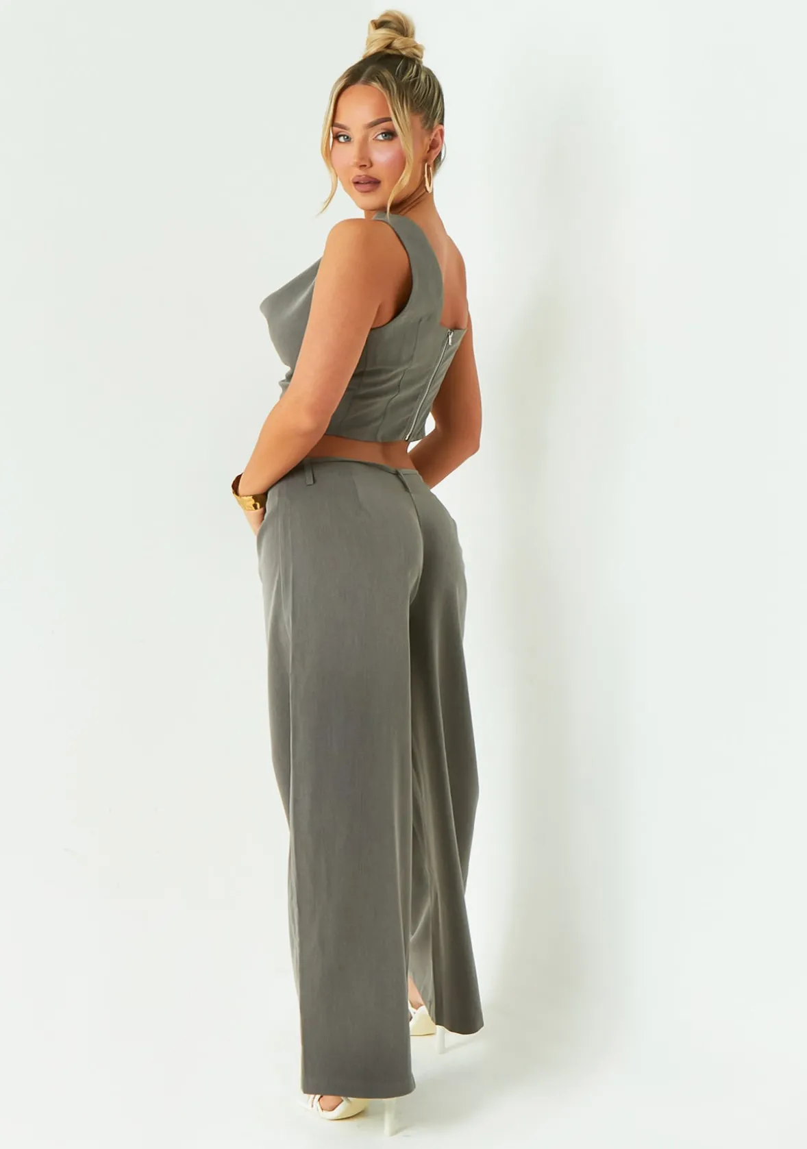 Ellen Grey Asymmetric Cowl Neck Top