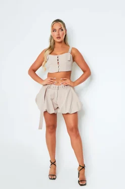 Emily Beige Belted Pleated Mini Shorts