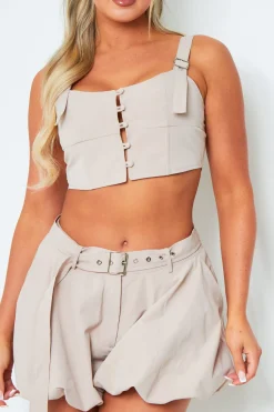 Emily Beige Belted Pleated Mini Shorts