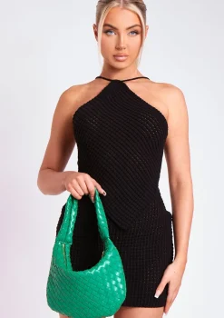Emma Black Tie Back Knitted Pointed Hem Crop Top