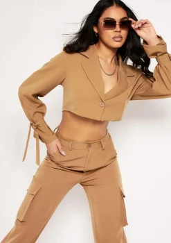 Emma Camel Tie Detail Cropped Blazer