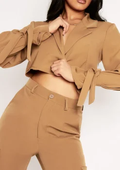 Emma Camel Tie Detail Cropped Blazer