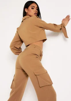 Emma Camel Tie Detail Cropped Blazer