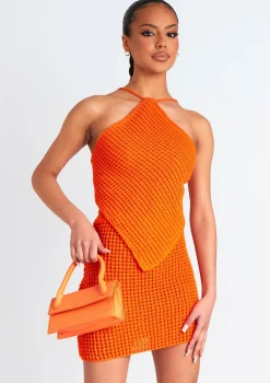 Emma Orange Tie Back Knitted Pointed Hem Crop Top