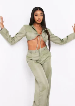 Everly Khaki Tie Front Bust Detail Cropped Blazer Co-ord