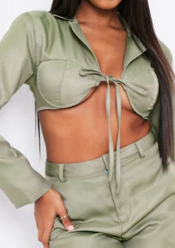 Everly Khaki Tie Front Bust Detail Cropped Blazer Co-ord