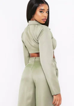 Everly Khaki Tie Front Bust Detail Cropped Blazer Co-ord