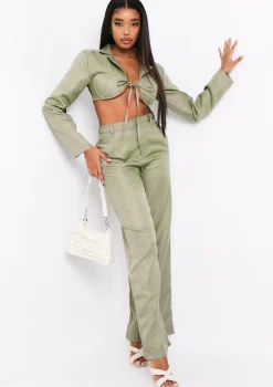 Everly Khaki Tie Front Bust Detail Cropped Blazer Co-ord