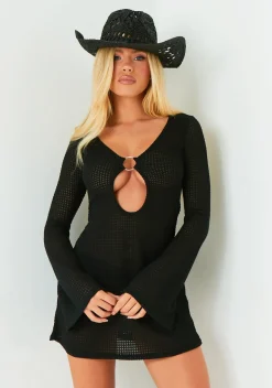 Evie Black Fluted Sleeve Knit Dress
