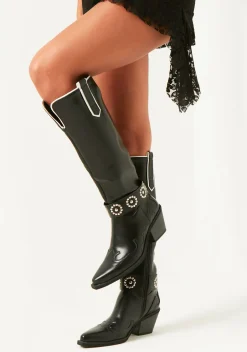 Faith Black Contrast Buckle Detail Cowboy Boots
