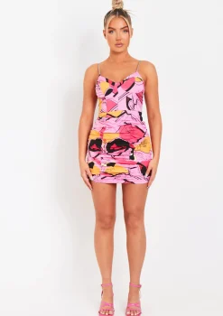 Fatima Pink Abstract Printed Ruched Chain Strap Mini Dress