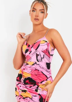 Fatima Pink Abstract Printed Ruched Chain Strap Mini Dress