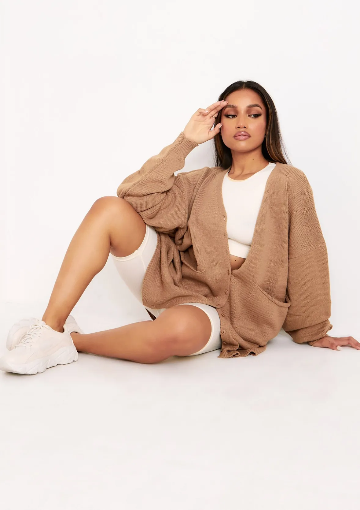 Freya Mocha Knitted Oversized Button Through V-Neck Cardigan Dress