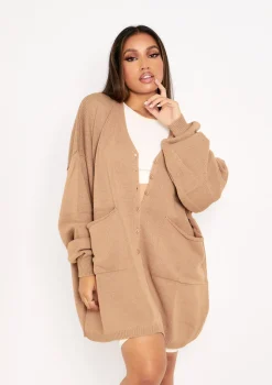 Freya Mocha Knitted Oversized Button Through V-Neck Cardigan Dress