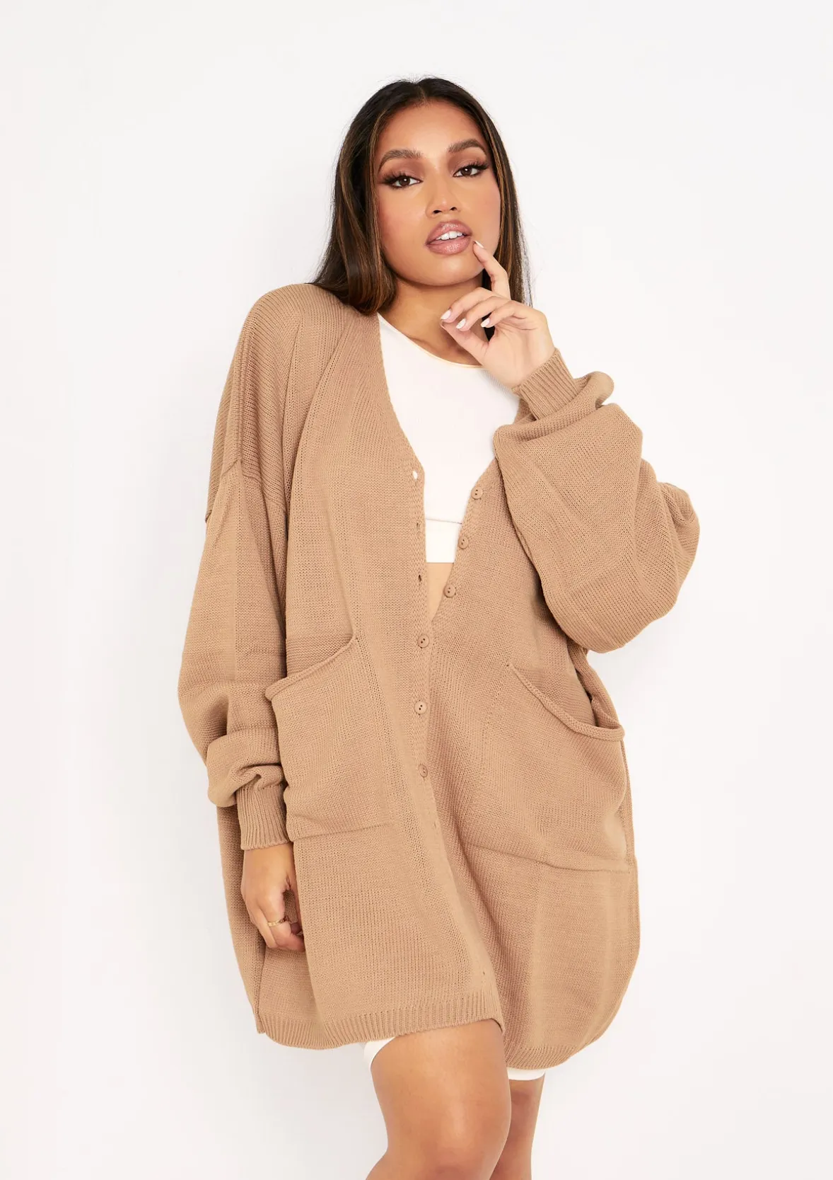 Freya Mocha Knitted Oversized Button Through V-Neck Cardigan Dress