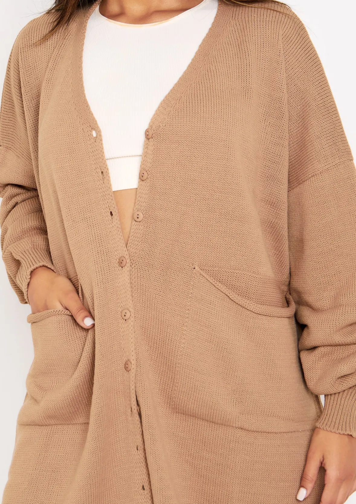 Freya Mocha Knitted Oversized Button Through V-Neck Cardigan Dress