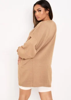 Freya Mocha Knitted Oversized Button Through V-Neck Cardigan Dress