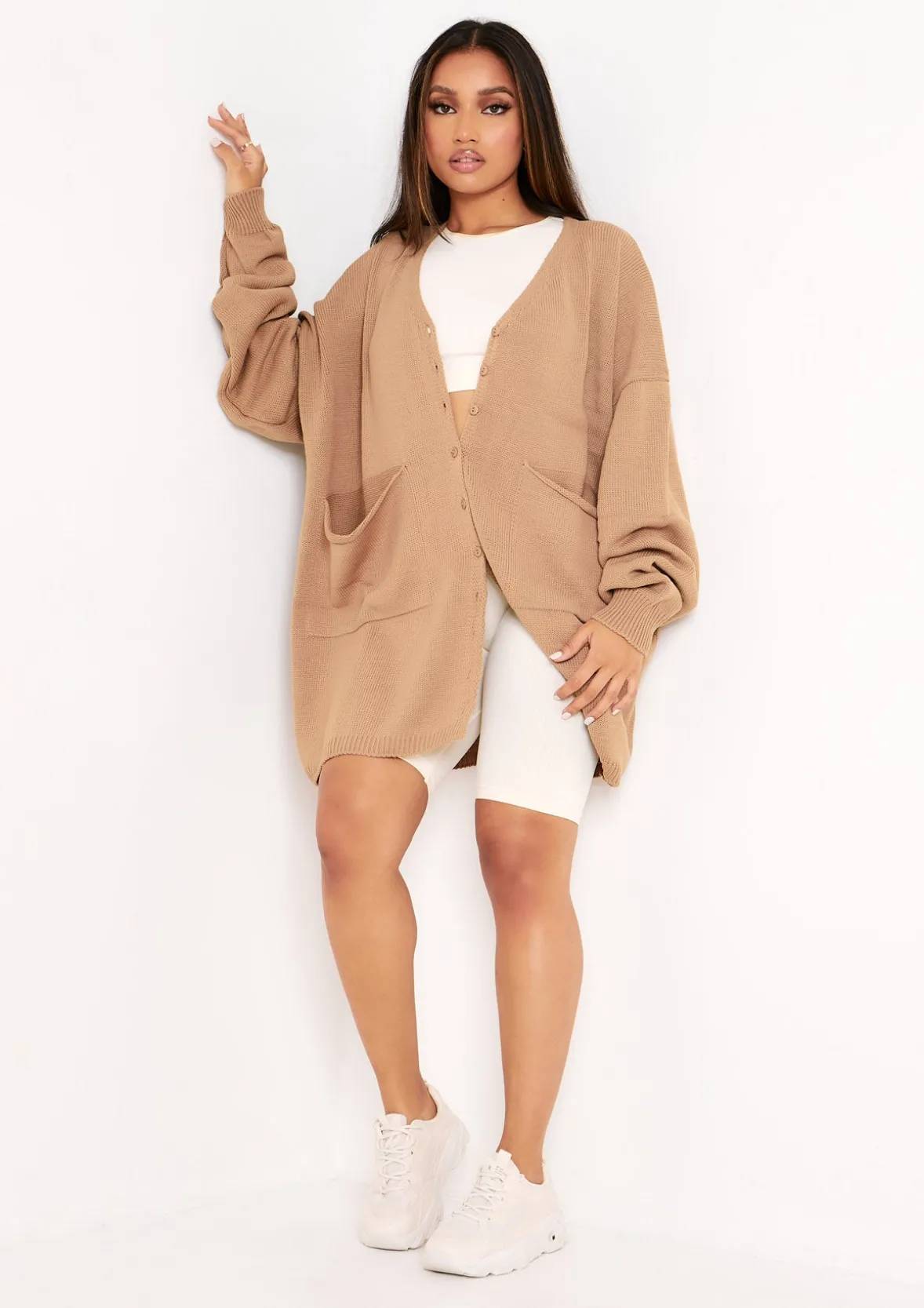 Freya Mocha Knitted Oversized Button Through V-Neck Cardigan Dress