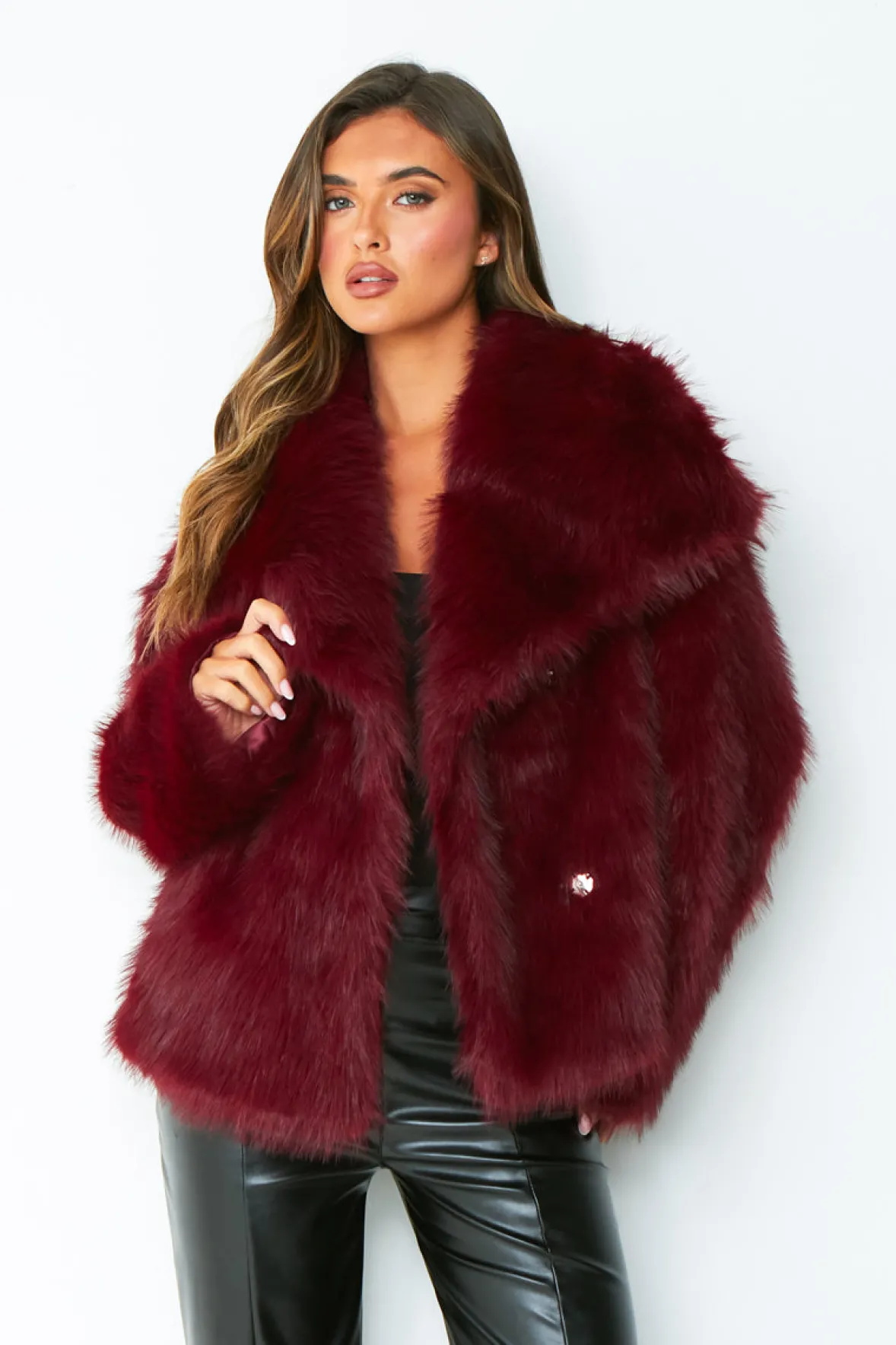 Freya Wine Oversized Faux Fur Coat
