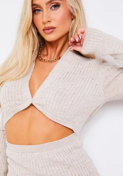 Gabrielle Beige Distressed Cut Out Knit Mini Dress With Connected Buttons