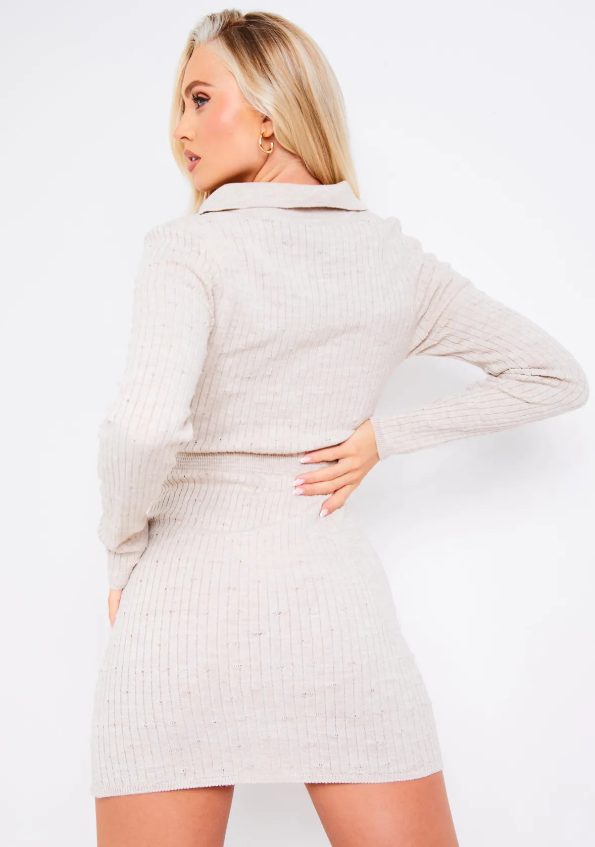 Gabrielle Beige Distressed Cut Out Knit Mini Dress With Connected Buttons