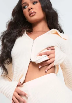 Georga Beige Ribbed Knit Zip Up Cardigan & Legging Co-ord